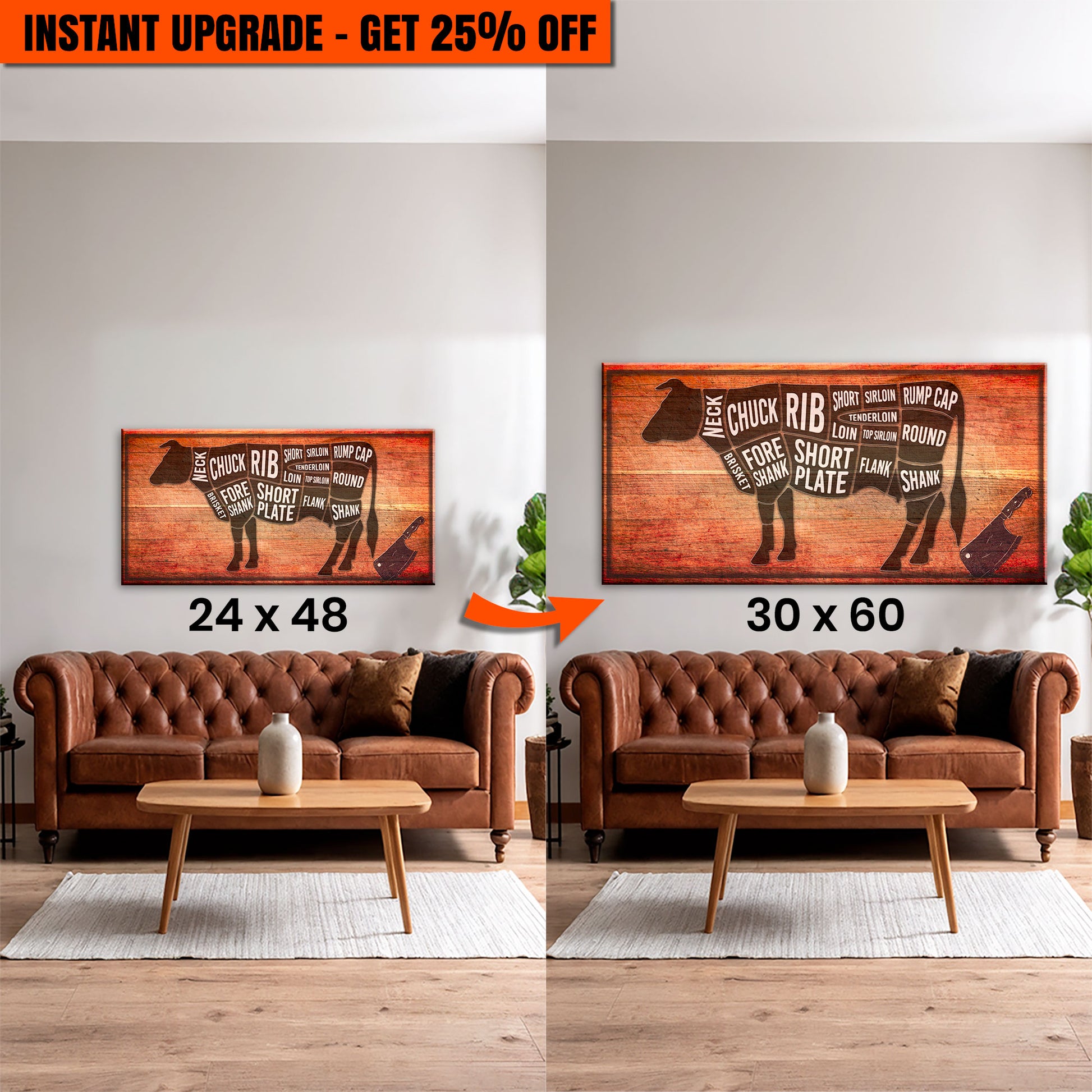 Upgrade Your 48x24 Inches 'Cow Butcher Kitchen Sign II' Canvas To 60x30 Inches Canvas