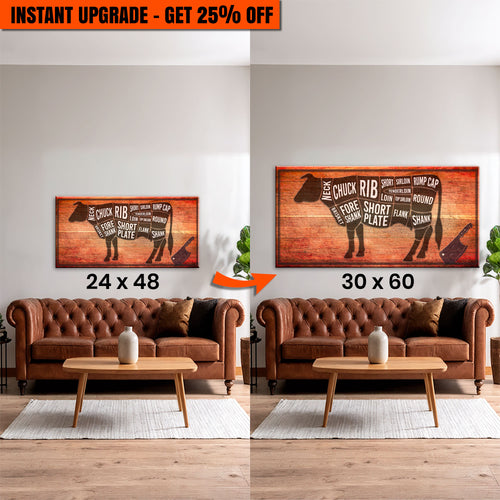 Upgrade Your 48x24 Inches 'Cow Butcher Kitchen Sign II' Canvas To 60x30 Inches Canvas