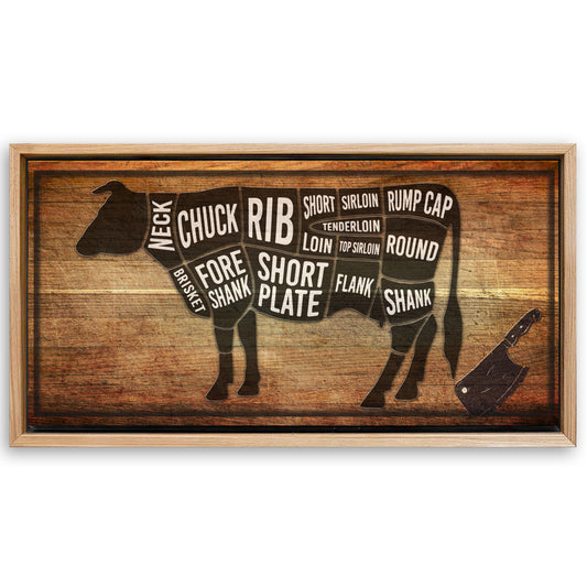 Save 33% When You Add A Frame To Your 20x10 Cow Butcher Kitchen Sign II Canvas Now
