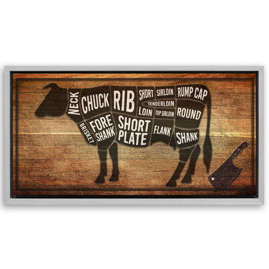 Save 33% When You Add A Frame To Your 20x10 Cow Butcher Kitchen Sign II Canvas Now