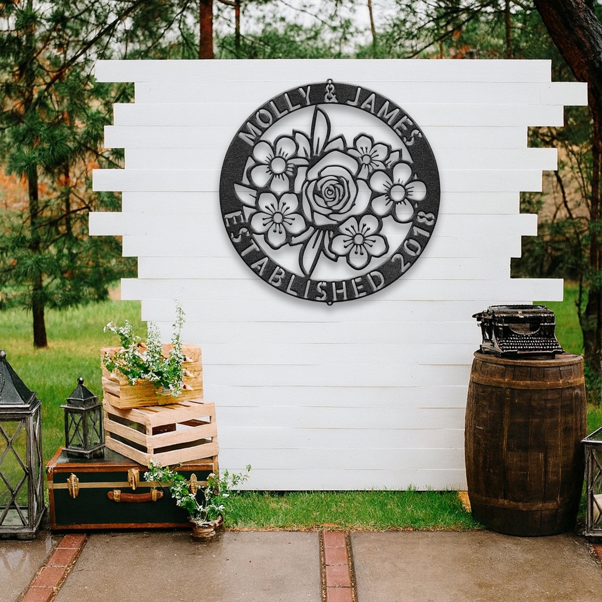 Floral Ring Monogram - Steel Sign