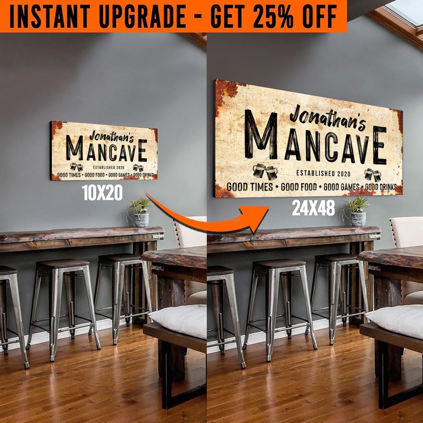 Upgrade Your 20x10 Inches 'Good Times Man Cave Sign' (Style 1) Canvas To 24x48 Inches (Free Shipping)