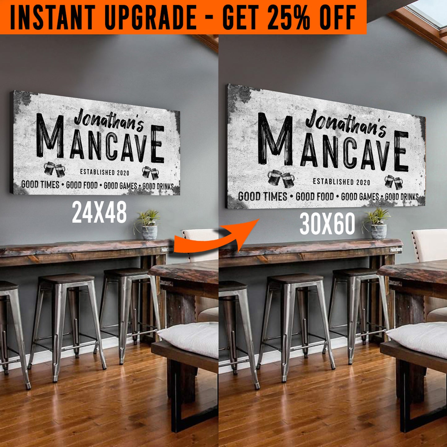 Upgrade Your 48x24 Inches 'Good Times Man Cave Sign' (Style 2) Canvas To 60x30 Inches