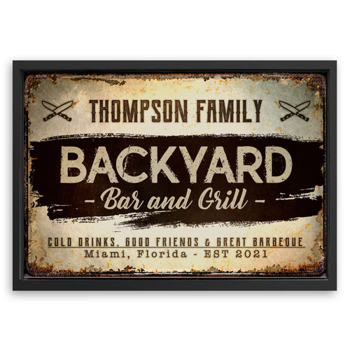 Save 33% When You Add A Frame To Your 18x12 Backyard Bar And Grill Sign VIII Canvas Now