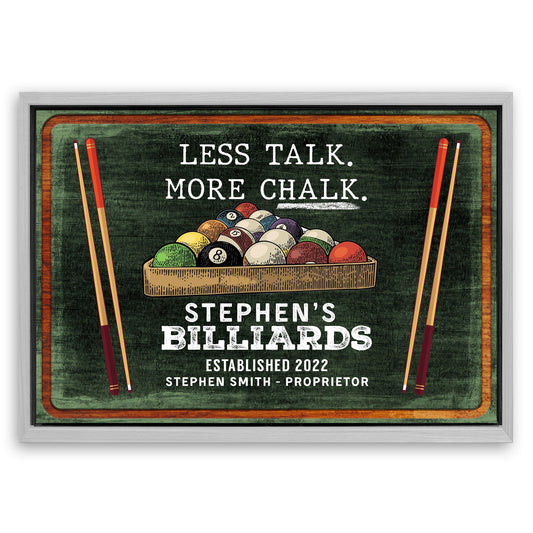 Save 33% When You Add A Frame To Your 18x12 Less Talk More Chalk Billiards Sign II Canvas Now