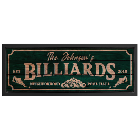 Save 33% When You Add A Frame To Your 60x20 Neighborhood Pool Hall Billiards Sign Canvas Now