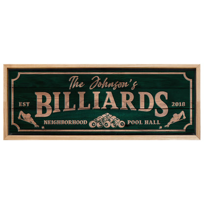 Save 33% When You Add A Frame To Your 60x20 Neighborhood Pool Hall Billiards Sign Canvas Now