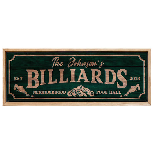 Save 33% When You Add A Frame To Your 60x20 Neighborhood Pool Hall Billiards Sign Canvas Now