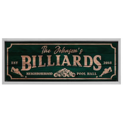 Save 33% When You Add A Frame To Your 60x20 Neighborhood Pool Hall Billiards Sign Canvas Now