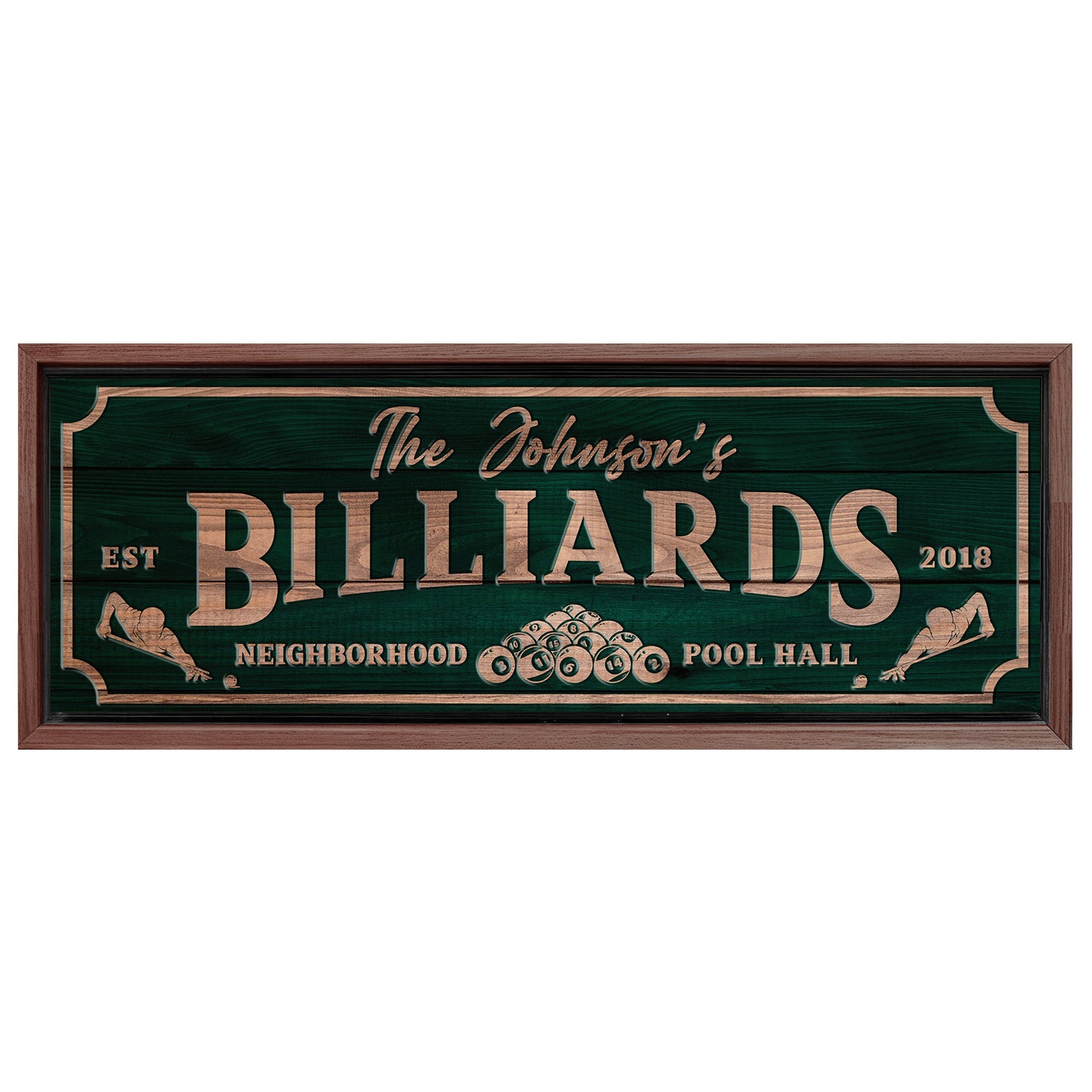 Save 33% When You Add A Frame To Your 60x20 Neighborhood Pool Hall Billiards Sign Canvas Now