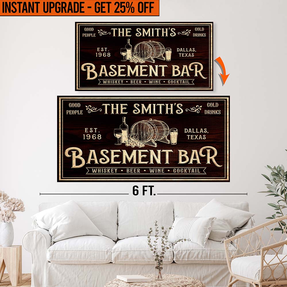 Upgrade Your 48x24 Inches 'Personalized Basement Bar' Canvas To 60x30 Inches Canvas