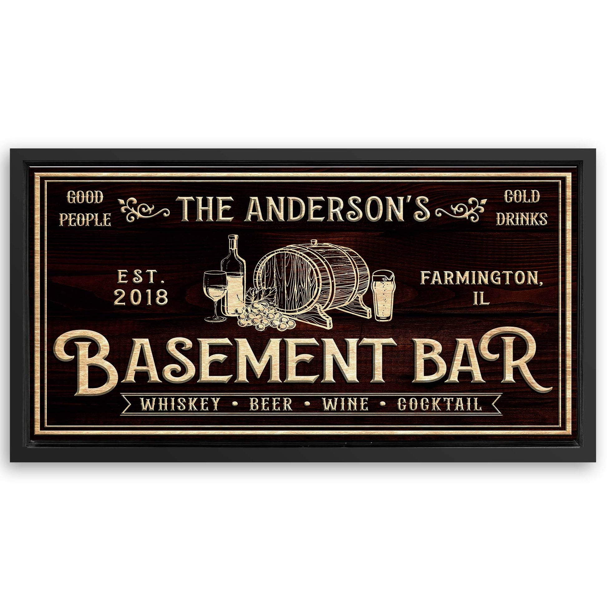 Save 33% When You Add A Frame To Your 20x10 Basement Bar Sign Canvas Now