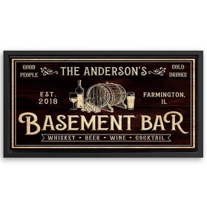 Save 33% When You Add A Frame To Your 20x10 Basement Bar Sign Canvas Now