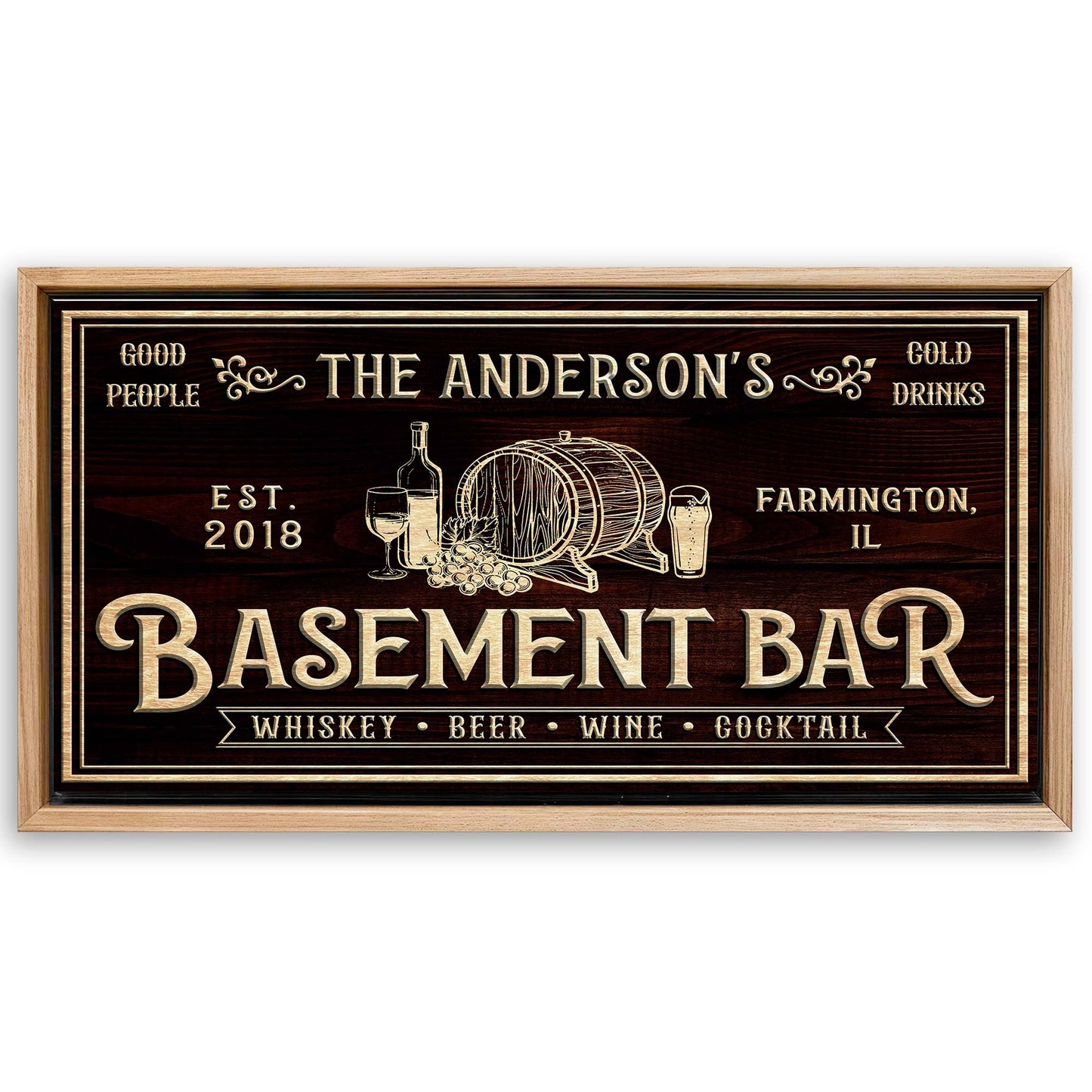 Save 33% When You Add A Frame To Your 20x10 Basement Bar Sign Canvas Now