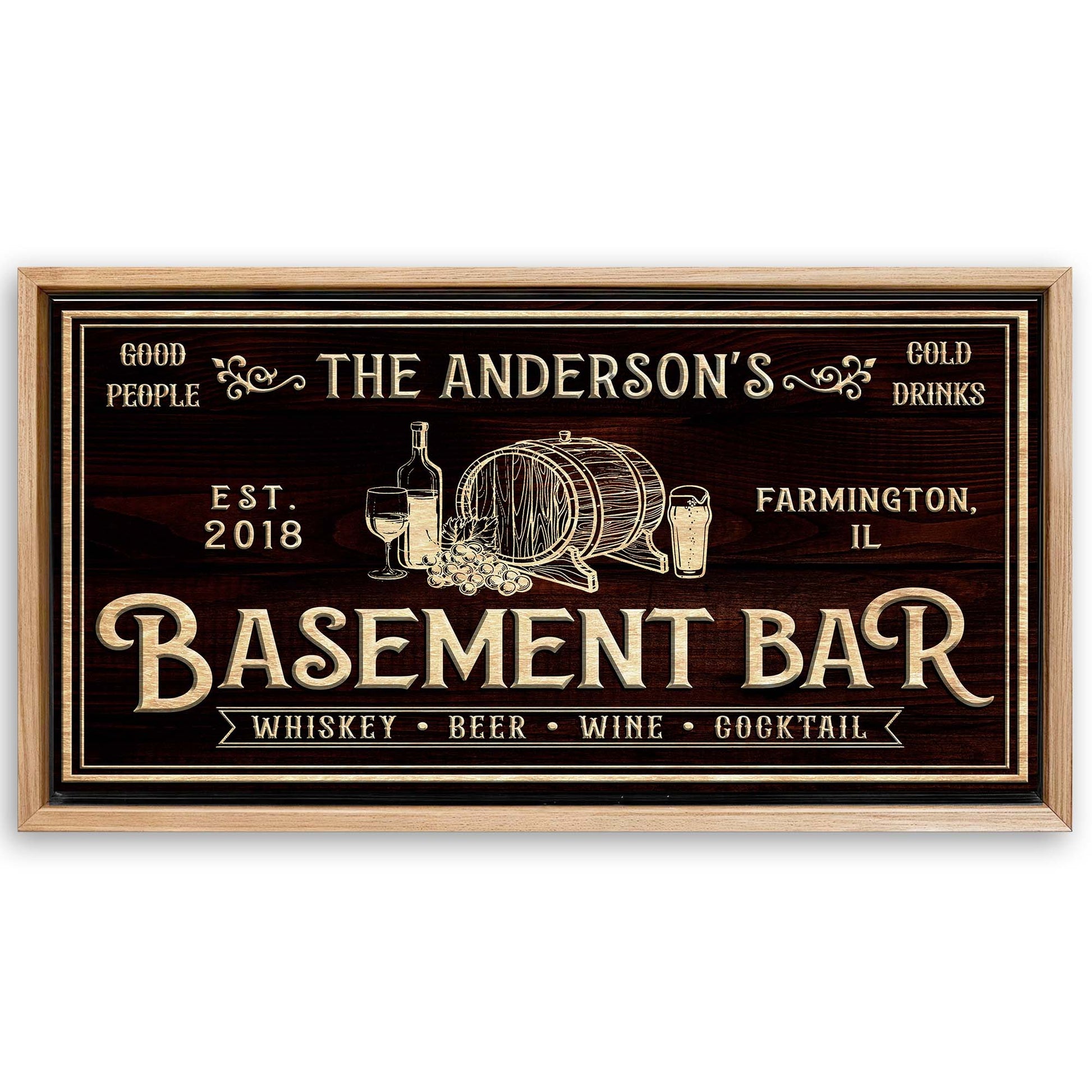 Save 33% When You Add A Frame To Your 20x10 Basement Bar Sign Canvas Now