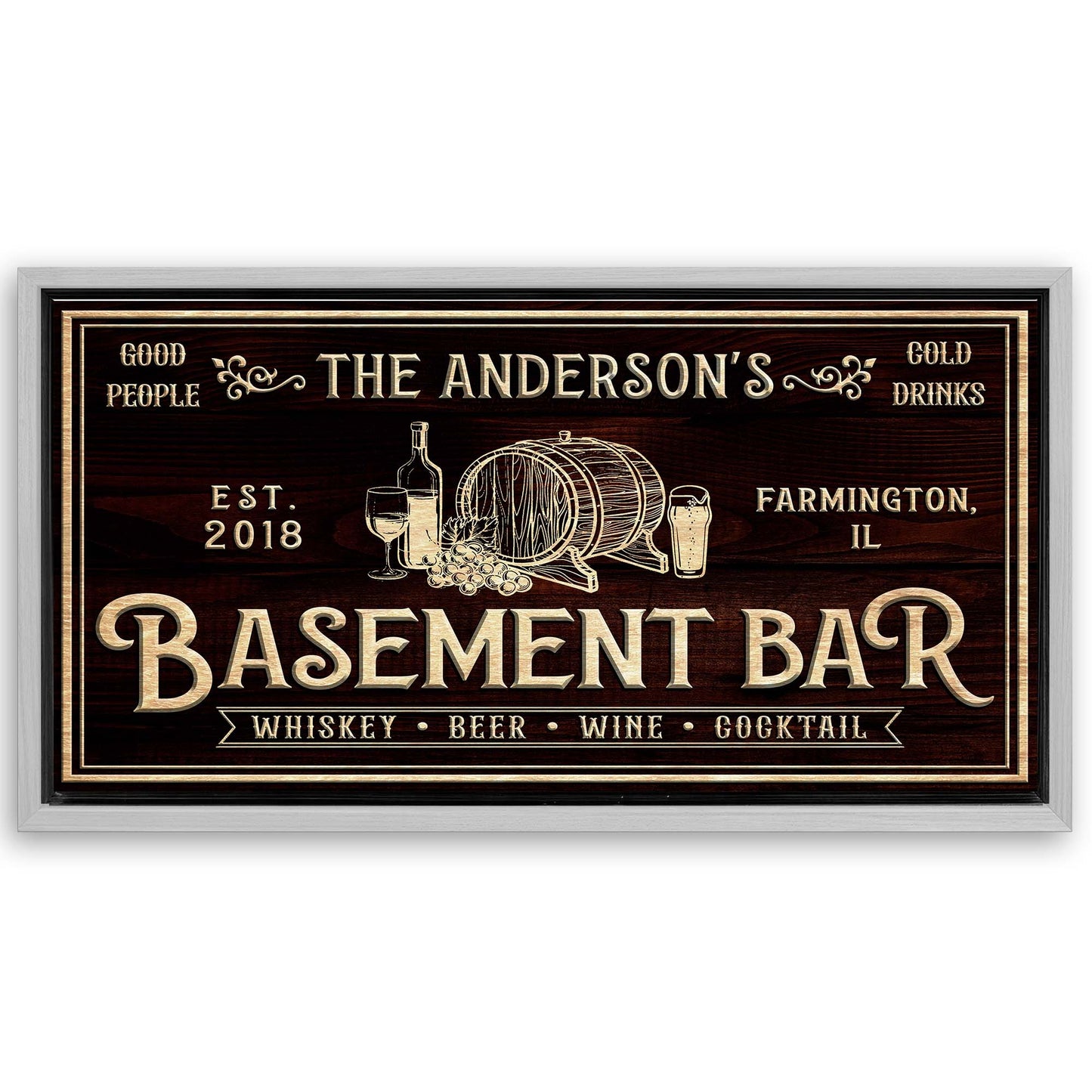 Save 33% When You Add A Frame To Your 20x10 Basement Bar Sign Canvas Now
