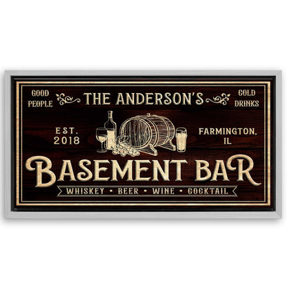 Save 33% When You Add A Frame To Your 20x10 Basement Bar Sign Canvas Now