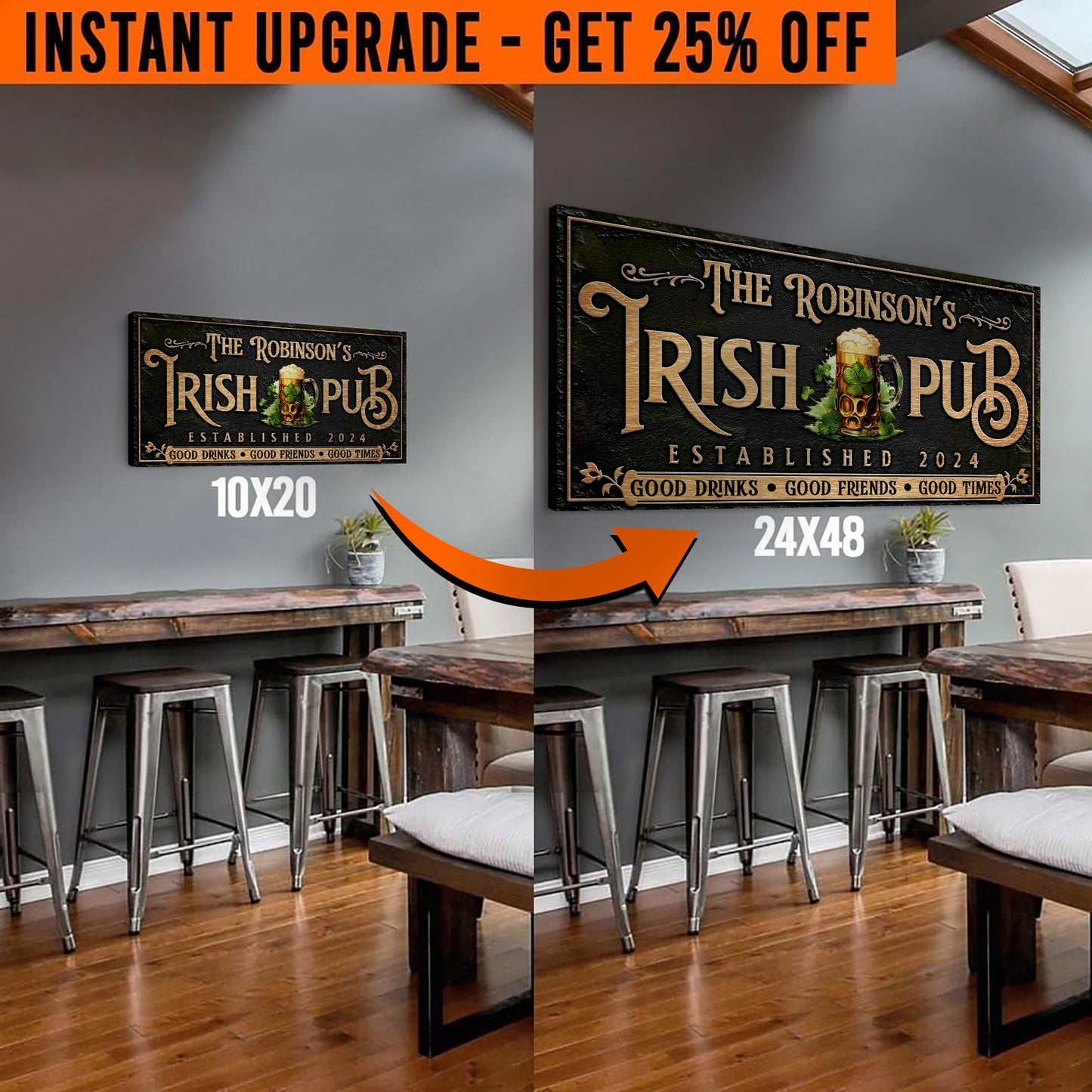 Upgrade Your 20x10 'Custom Irish Pub Bar Sign III' Canvas To 24x48 Inches