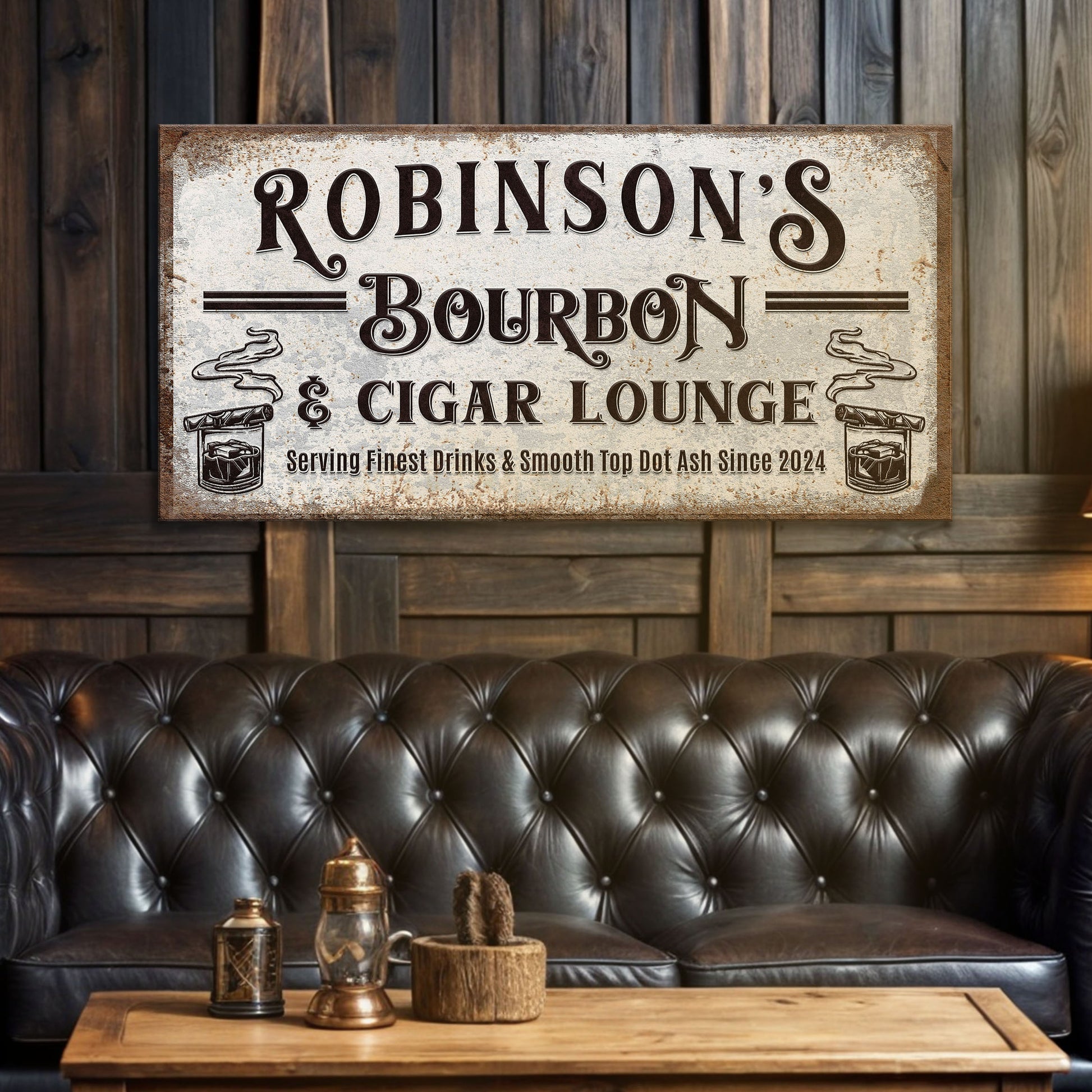 Personalized Bourbon and Cigar Bar Sign Style 1 - Image by Tailored Canvases