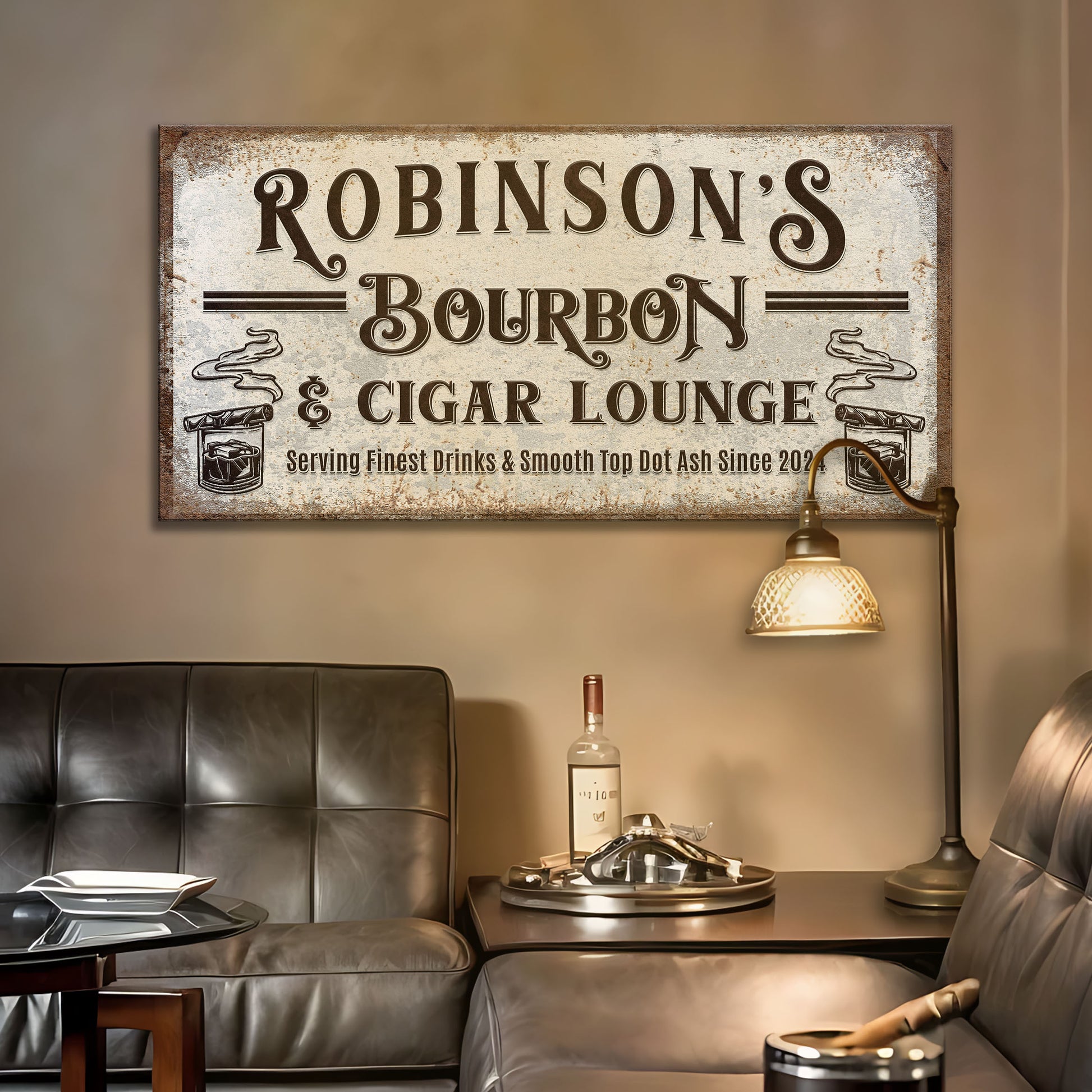 Personalized Bourbon and Cigar Bar Sign Style 2 - Image by Tailored Canvases