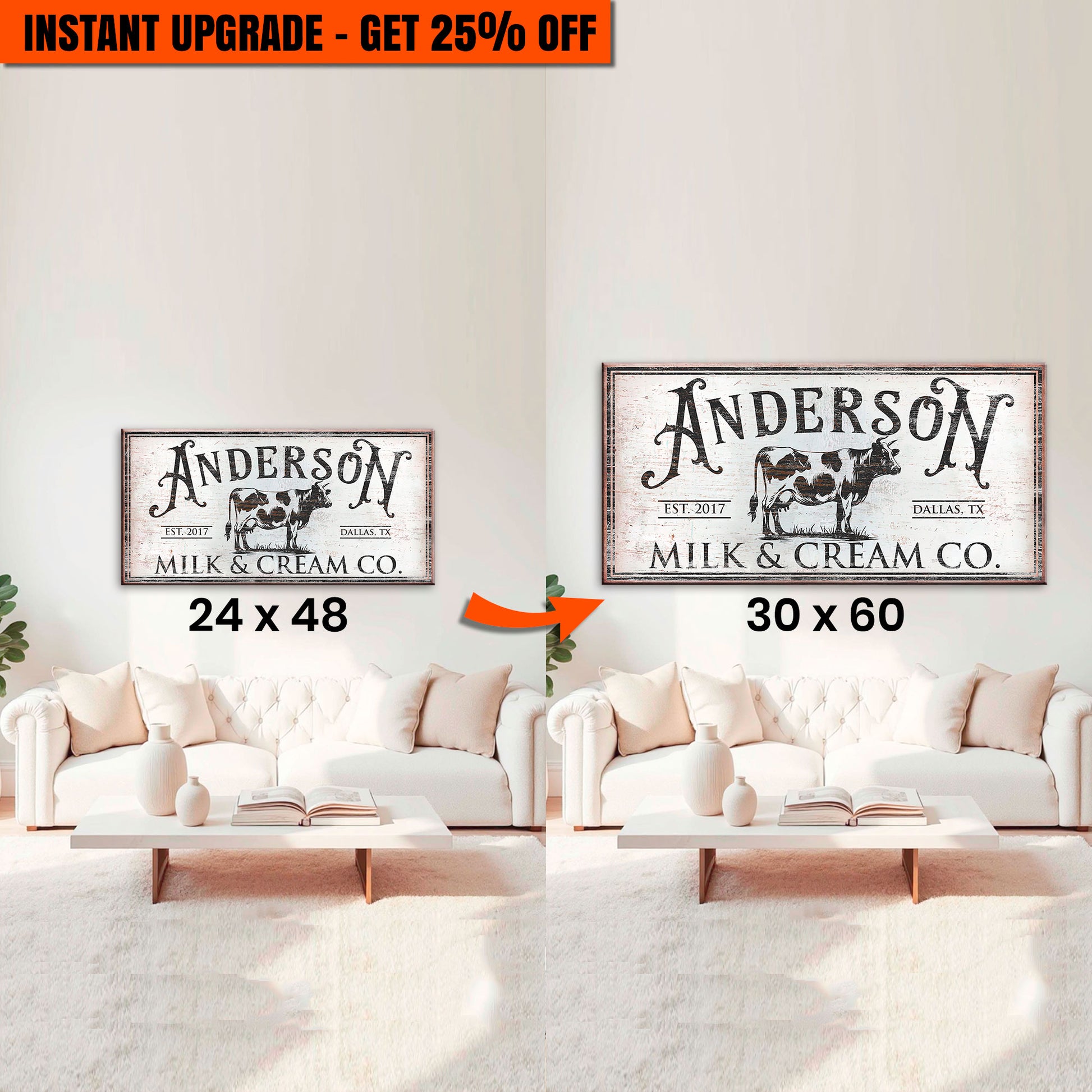 Upgrade Your 48x24 Inches 'Personalized Milk & Cream Co Sign' Canvas To 60x30 Inches Canvas