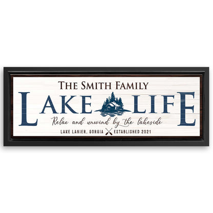 Save 33% When You Add A 16x48 Frame To Your Personalized Lake Life Sign Canvas Now
