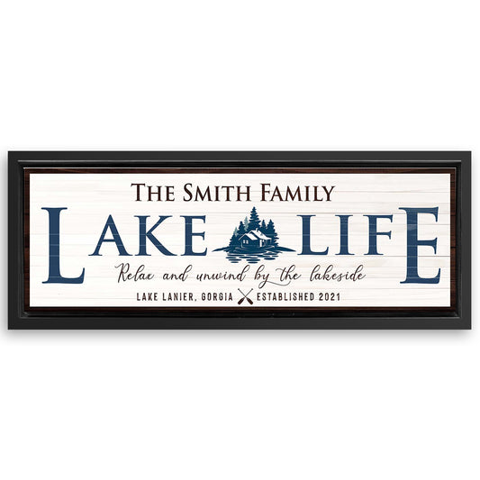 Save 33% When You Add A 16x48 Frame To Your Personalized Lake Life Sign Canvas Now