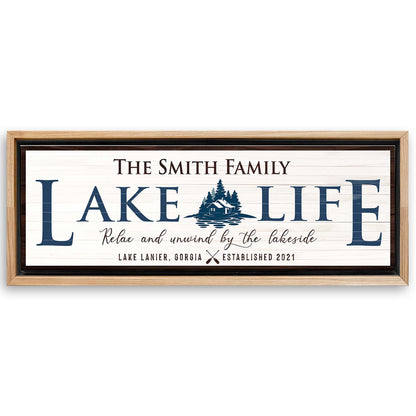 Save 33% When You Add A 16x48 Frame To Your Personalized Lake Life Sign Canvas Now