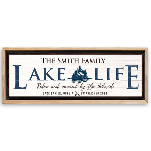 Save 33% When You Add A 16x48 Frame To Your Personalized Lake Life Sign Canvas Now