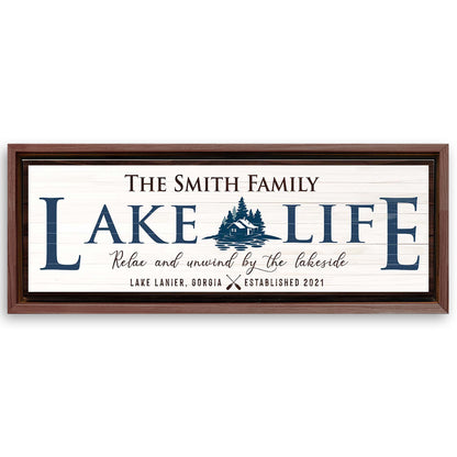 Save 33% When You Add A 16x48 Frame To Your Personalized Lake Life Sign Canvas Now