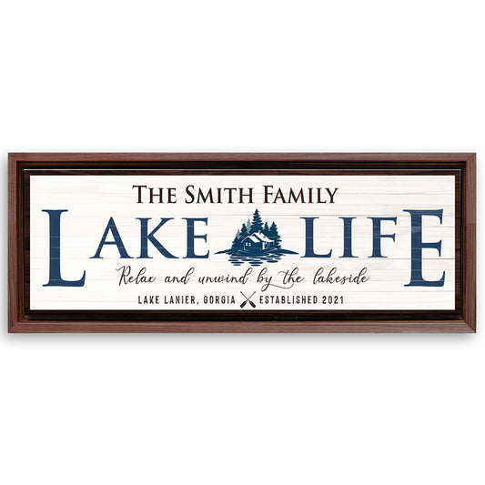 Save 33% When You Add A 16x48 Frame To Your Personalized Lake Life Sign Canvas Now