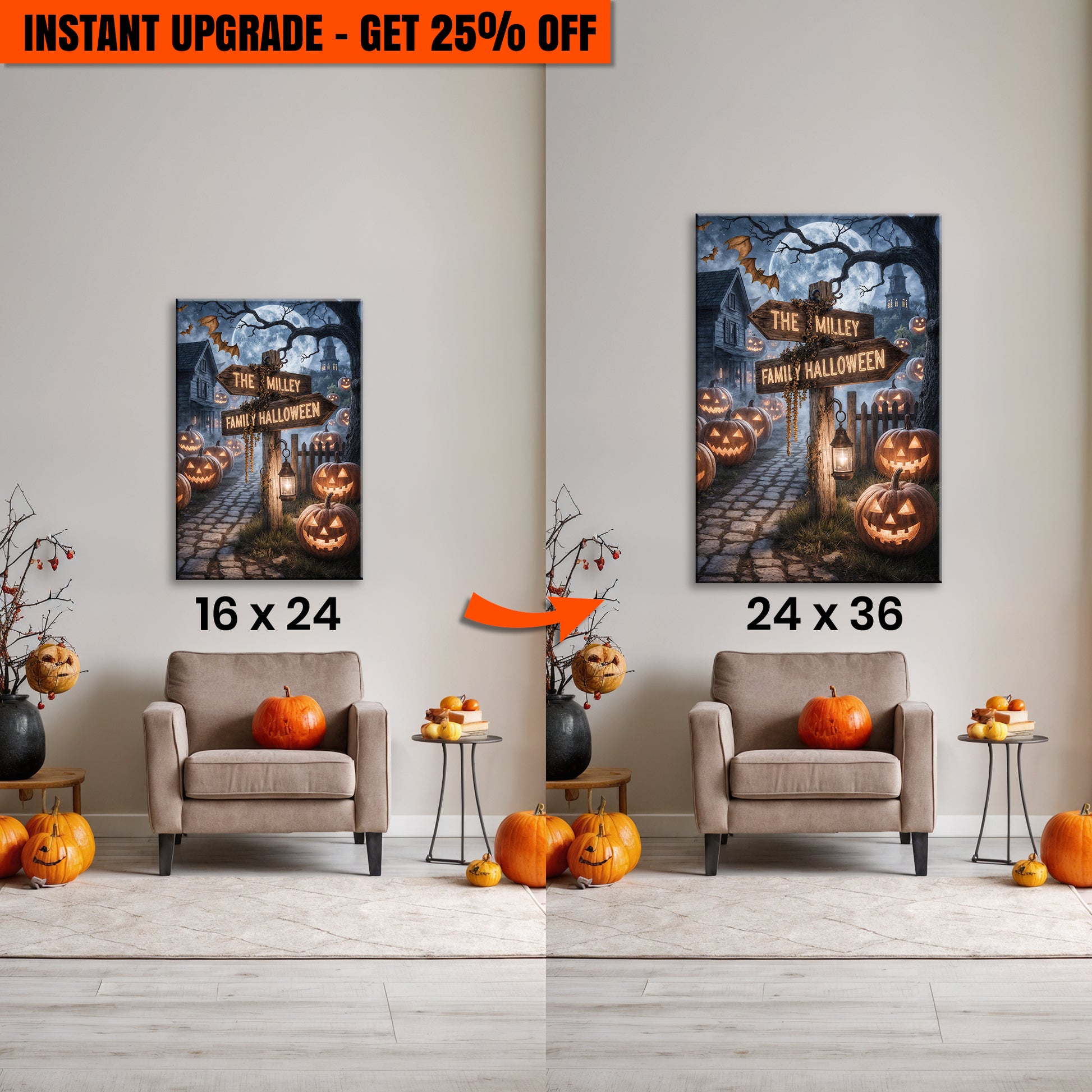 Upgrade Your 24x16 Inches 'Family Name Street Sign Halloween Wall Art' Canvas To 36x24 Inches