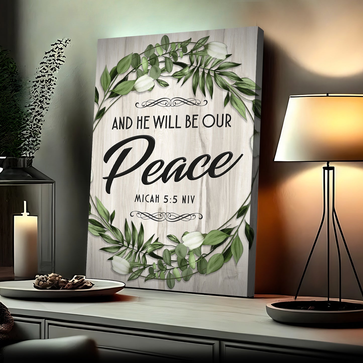 Micah 5:5 NIV And He Will Be Our Peace Sign  - Image by Tailored Canvases