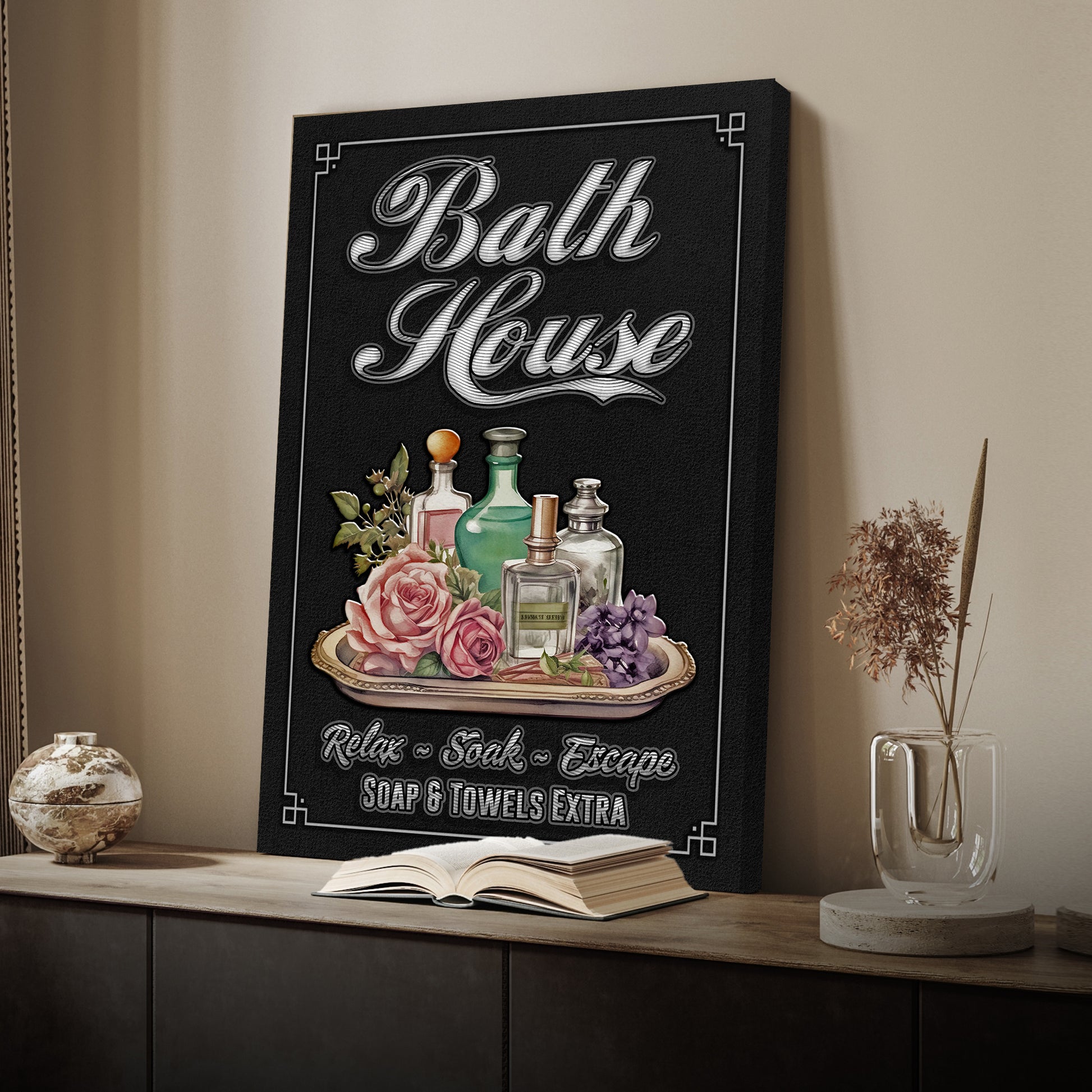 Relax Soak Escape Bath House Sign  - Image by Tailored Canvases