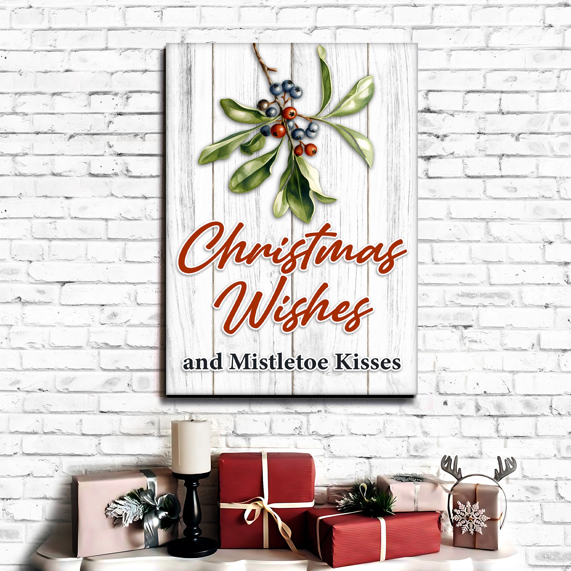 Christmas Wishes And Kisses Mistletoe Sign Style 2 - Image by Tailored Canvases