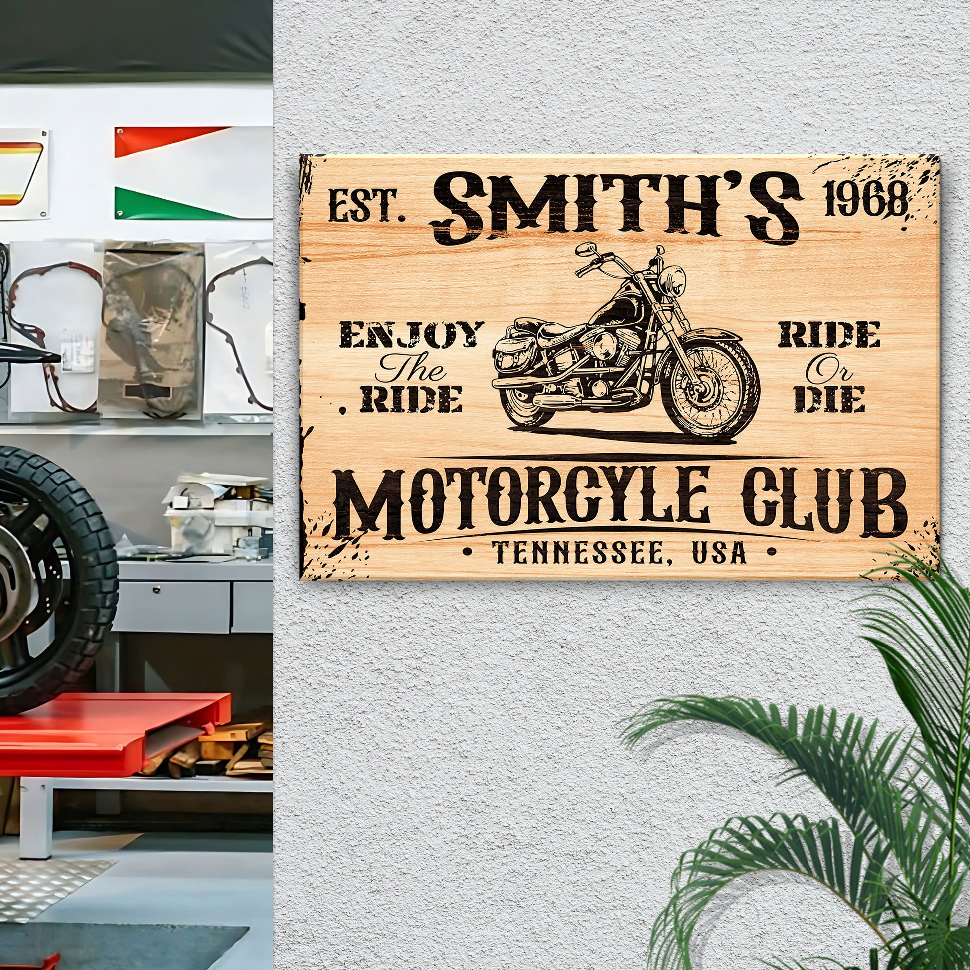 Motorcycle Brown Wood Sign Style 2 - Image by Tailored Canvases