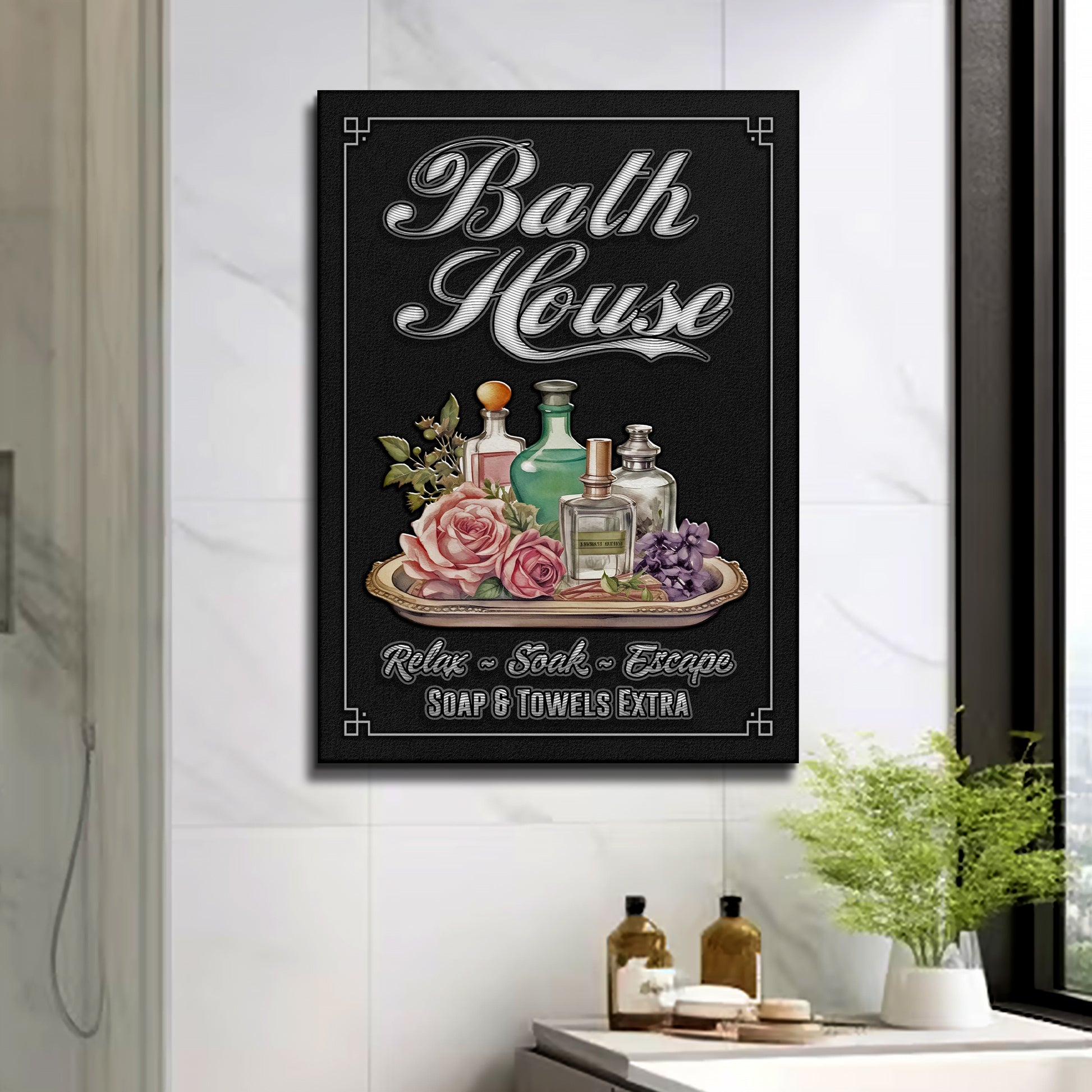 Relax Soak Escape Bath House Sign Style 1 - Image by Tailored Canvases