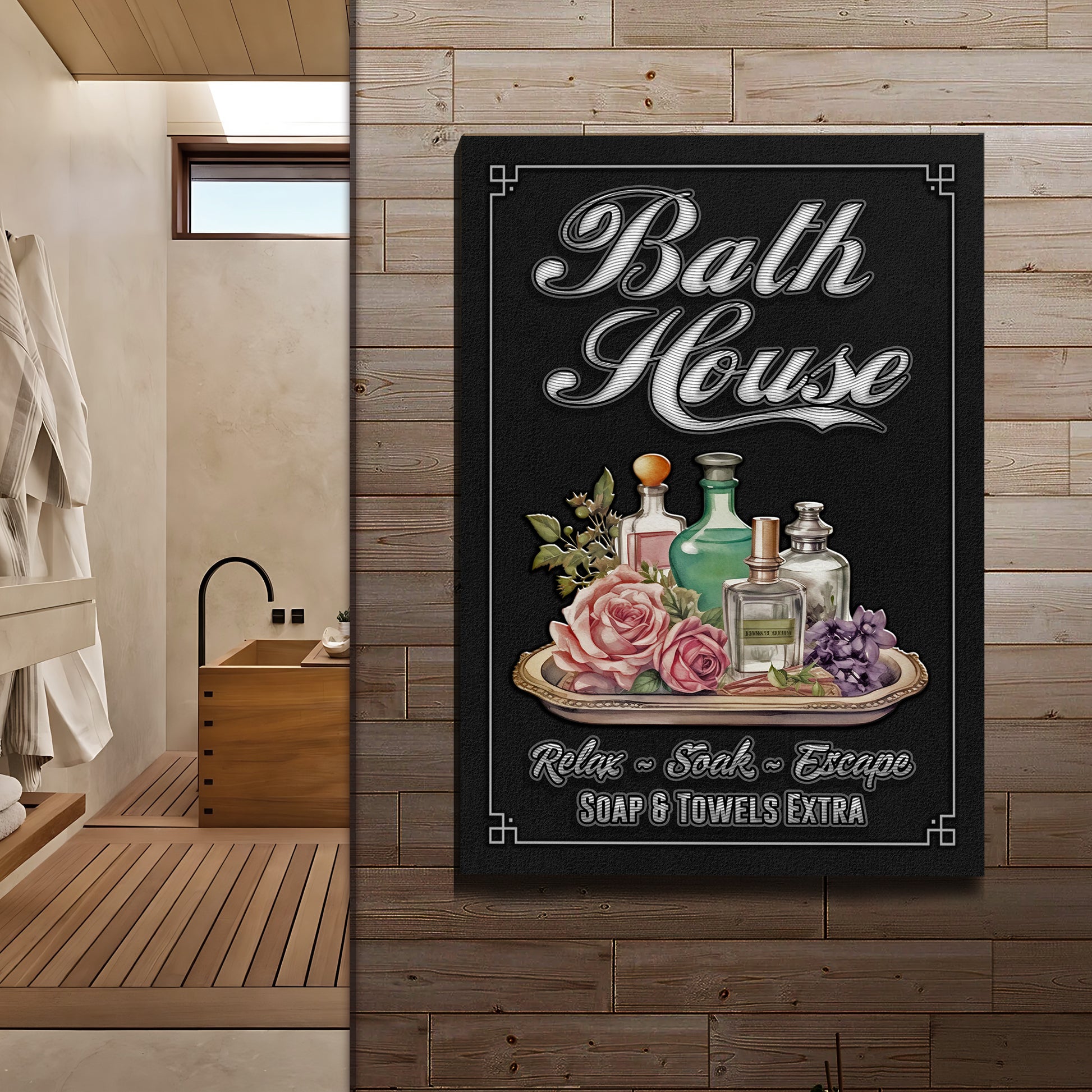 Relax Soak Escape Bath House Sign Style 2 - Image by Tailored Canvases