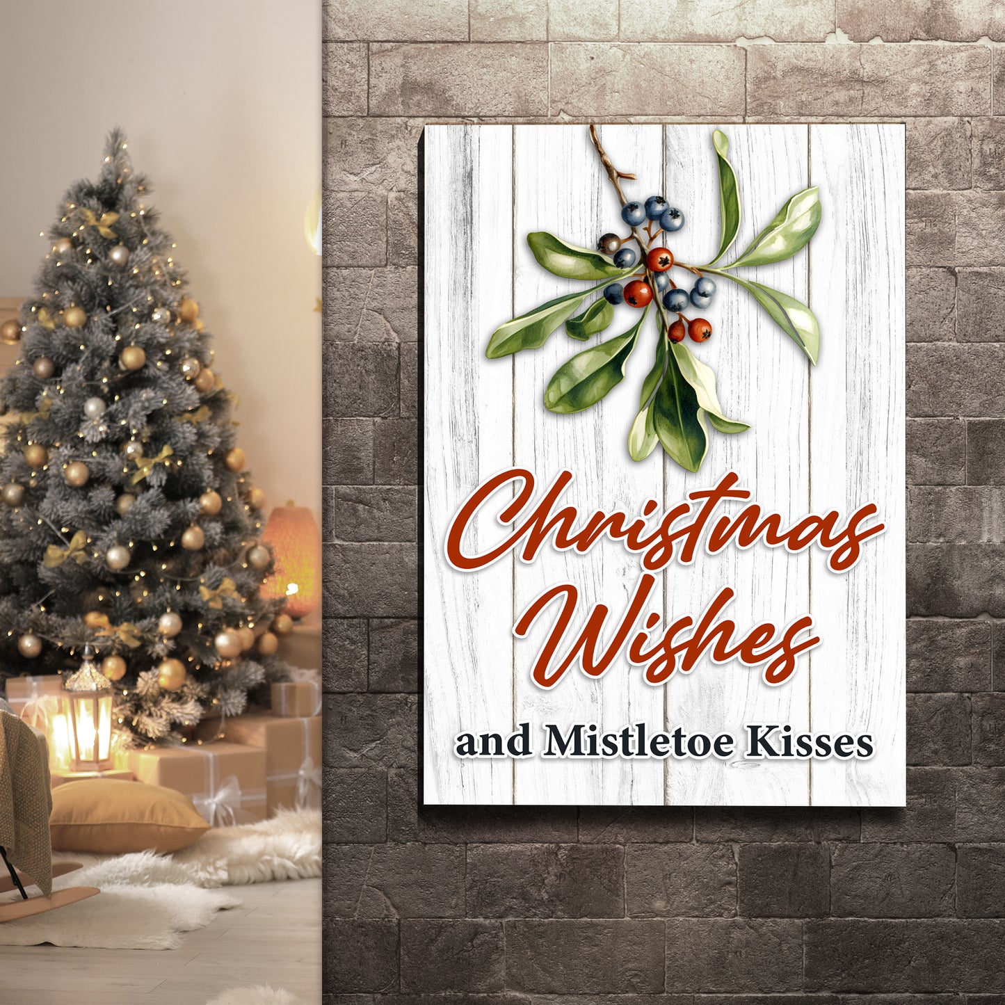 Christmas Wishes And Kisses Mistletoe Sign Style 1 - Image by Tailored Canvases