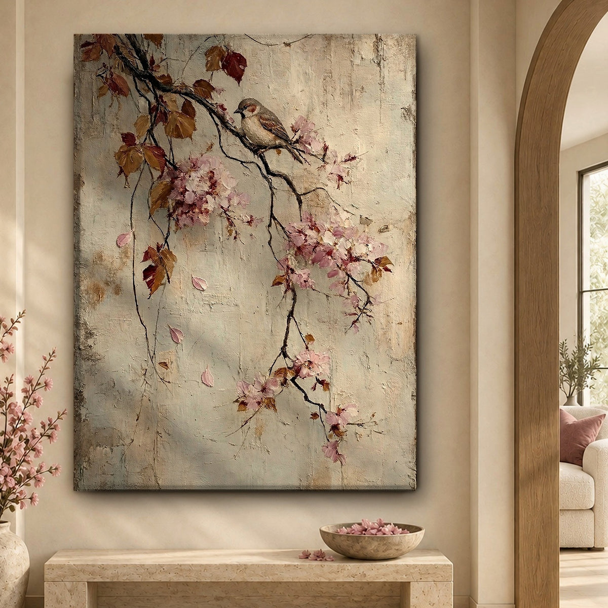 Songbird Resting on Spring Blossoms
