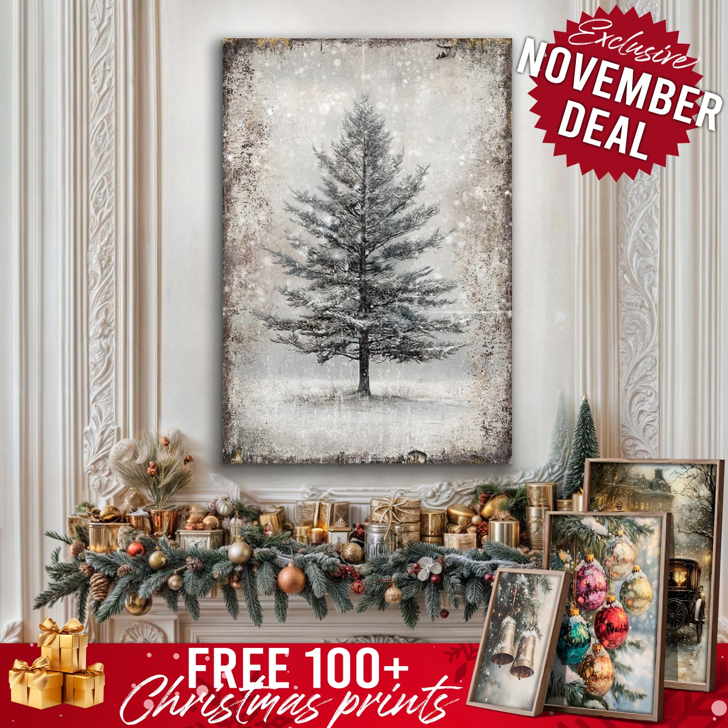 Vintage Christmas Tree Wall Art with Free 100+ Christmas Print