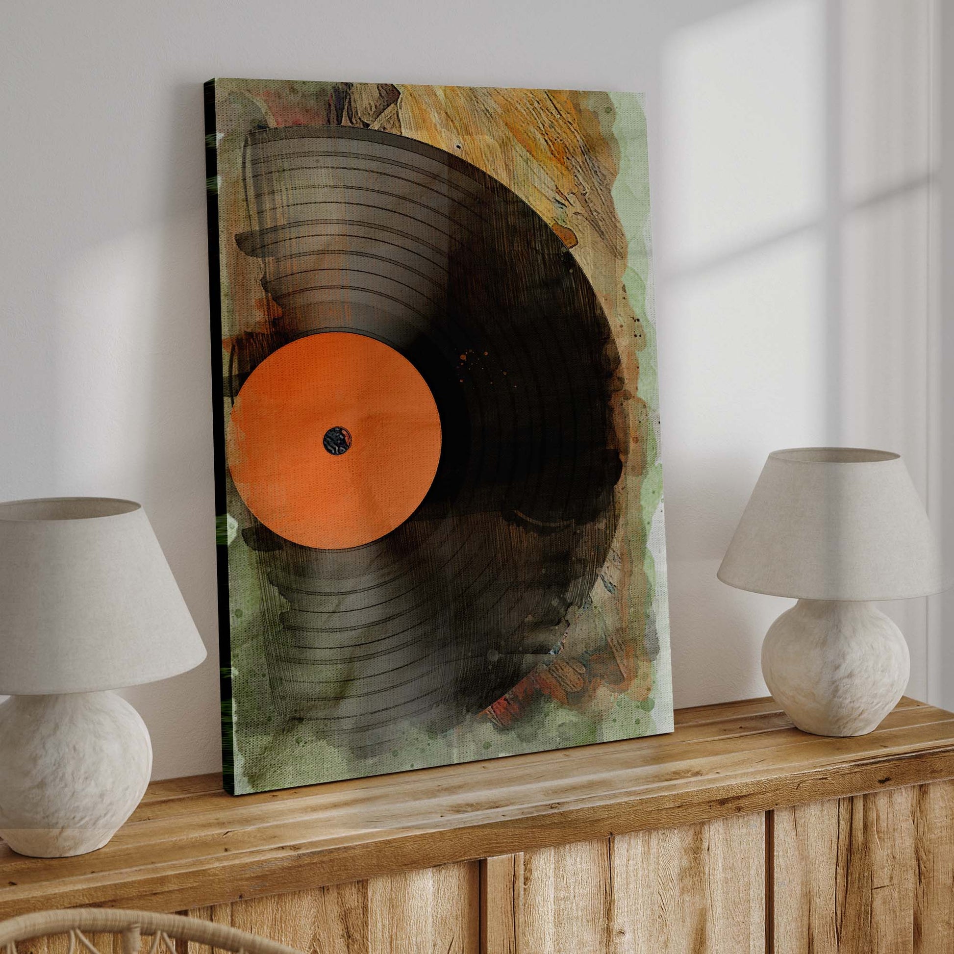 Music Equipment Vinyl Records Watercolor Canvas Wall Art Style 2 - Image by Tailored Canvases