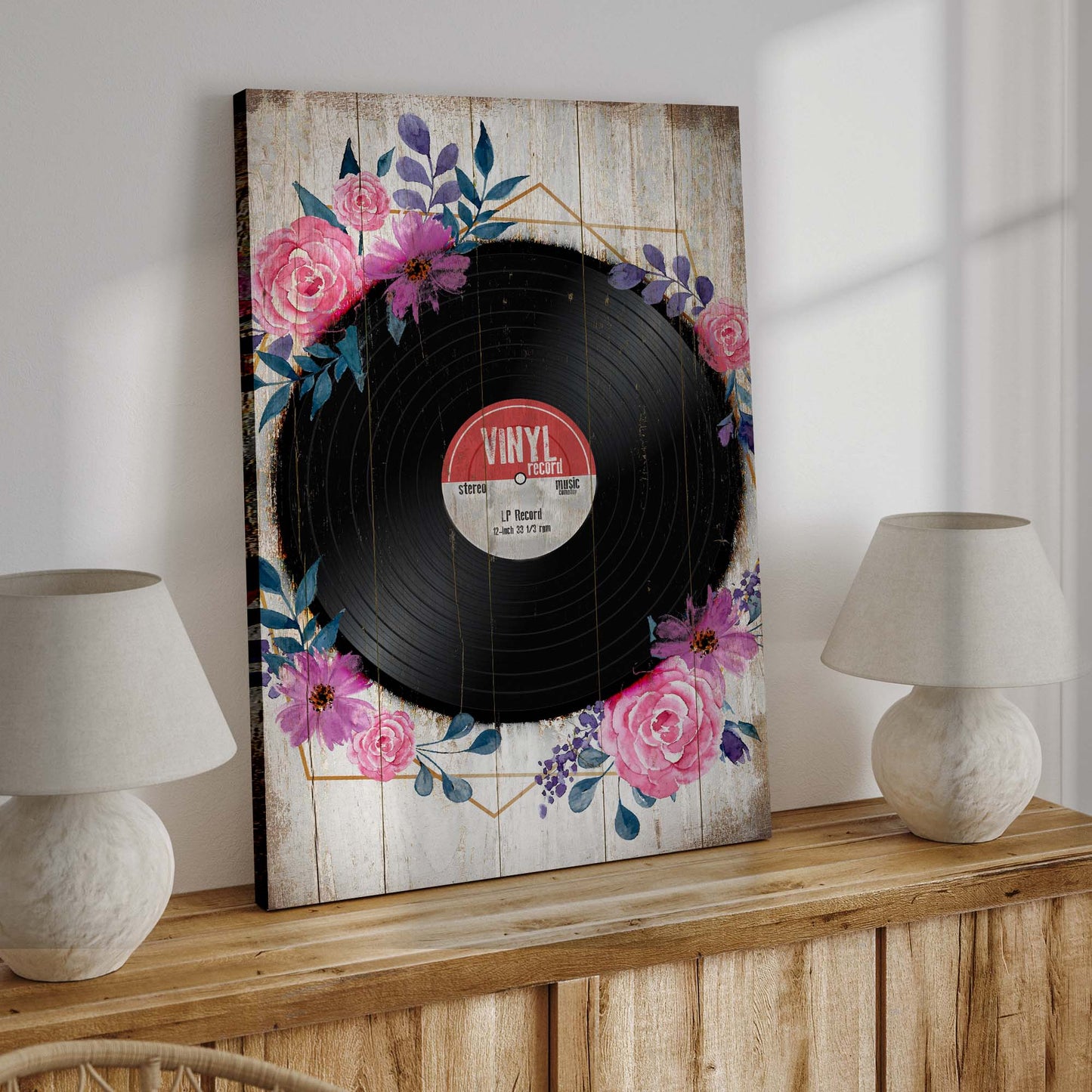 Music Equipment Vinyl Records Rustic Canvas Wall Art Style 2 - Image by Tailored Canvases