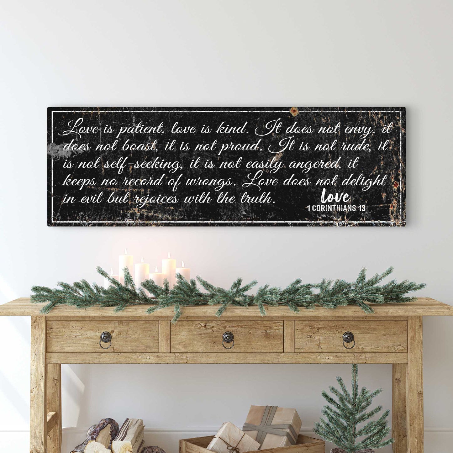 1 Corinthians 13: 'Love Is Patient' - Rustic Christian Wall Art, Religious Decor for Living Room