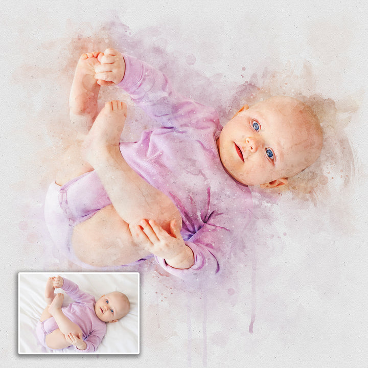 Newborn Baby Watercolor Portrait Custom Wall Art
