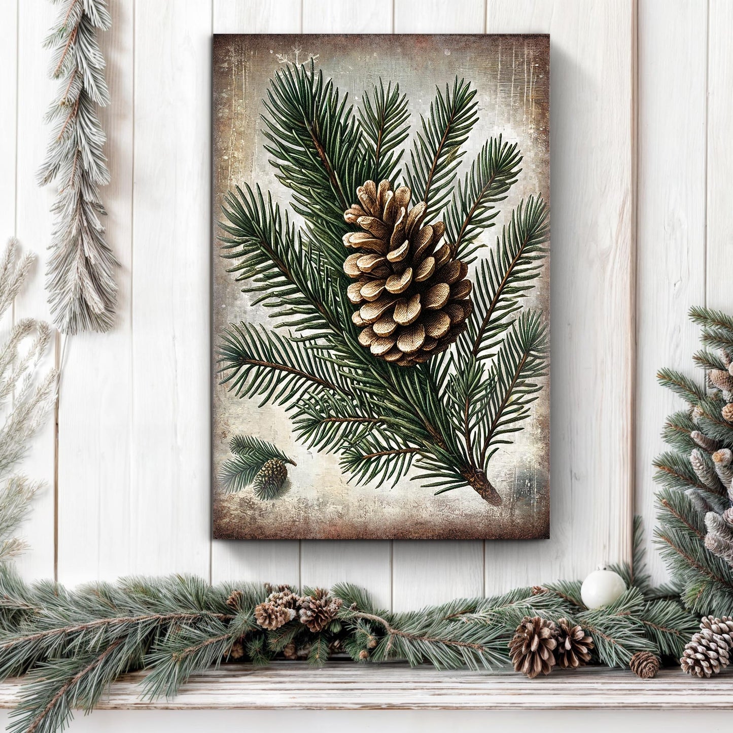 Vintage Winter Pine Cone Christmas Wall Art