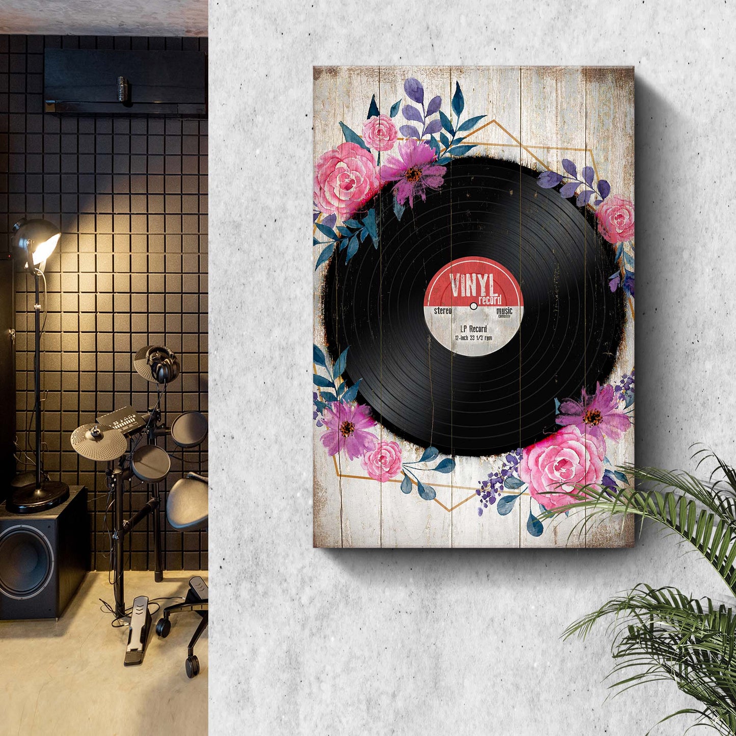 Music Equipment Vinyl Records Rustic Canvas Wall Art  - Image by Tailored Canvases