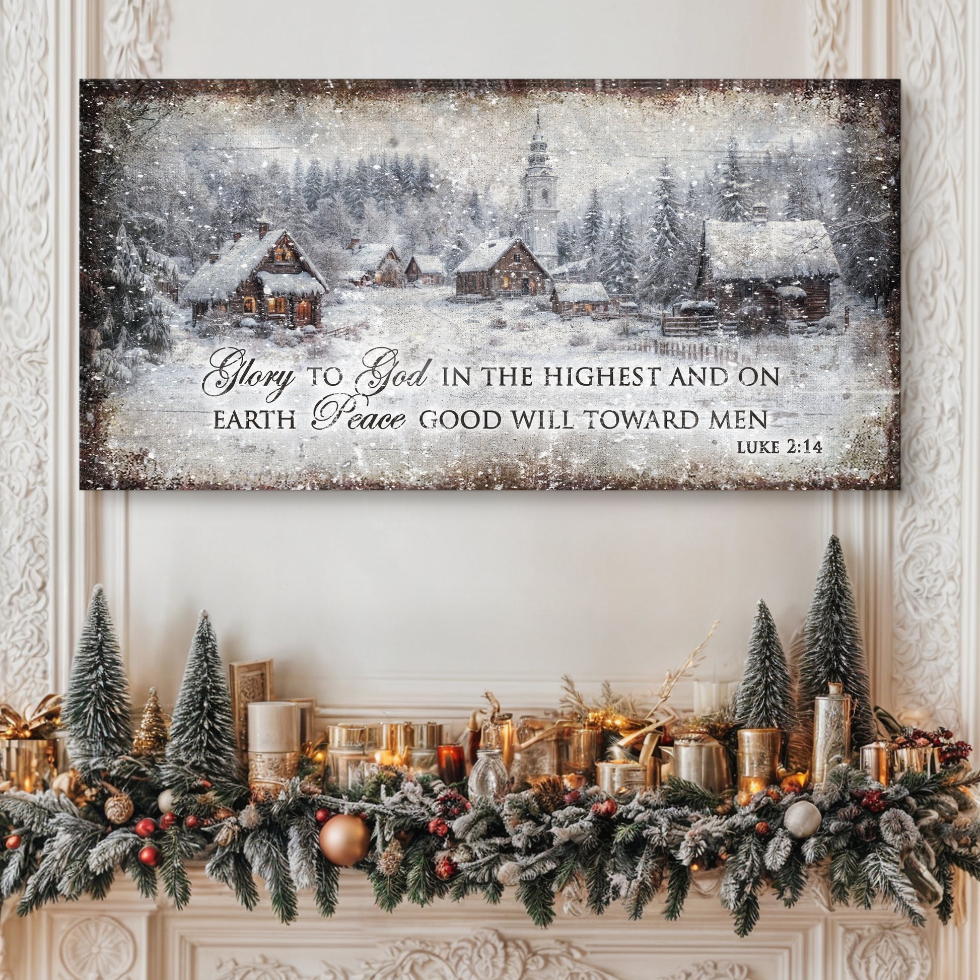 Vintage Christmas Village Luke 2:14 Scripture Sign | Image by Tailored Canvases