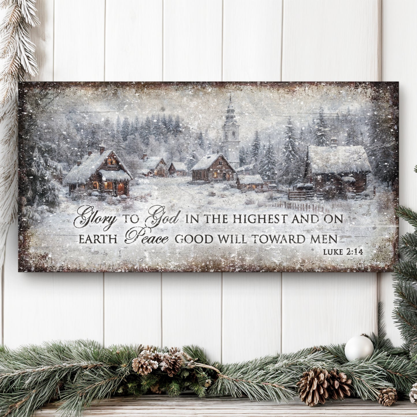 Vintage Christmas Village Luke 2:14 Scripture Sign | Image by Tailored Canvases