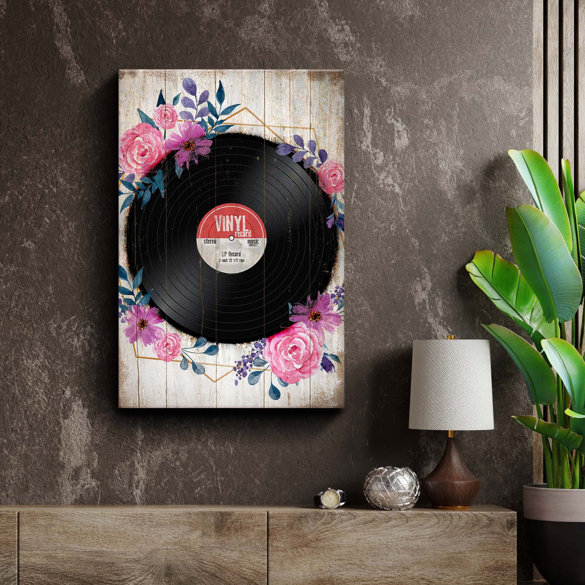 Music Equipment Vinyl Records Rustic Canvas Wall Art Style 1 - Image by Tailored Canvases